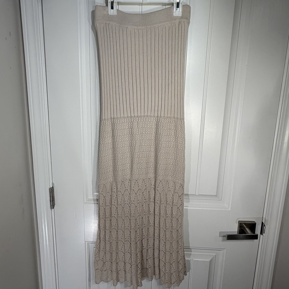 Free People XS Ribbed Knit Boho Maxi Skirt Beige Crochet Hem Festive Cottagecore - Picture 4 of 7